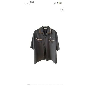 Celine Paris Leopard Trim Bowling Shirt Black Short Sleeve Logo Embroidered 40